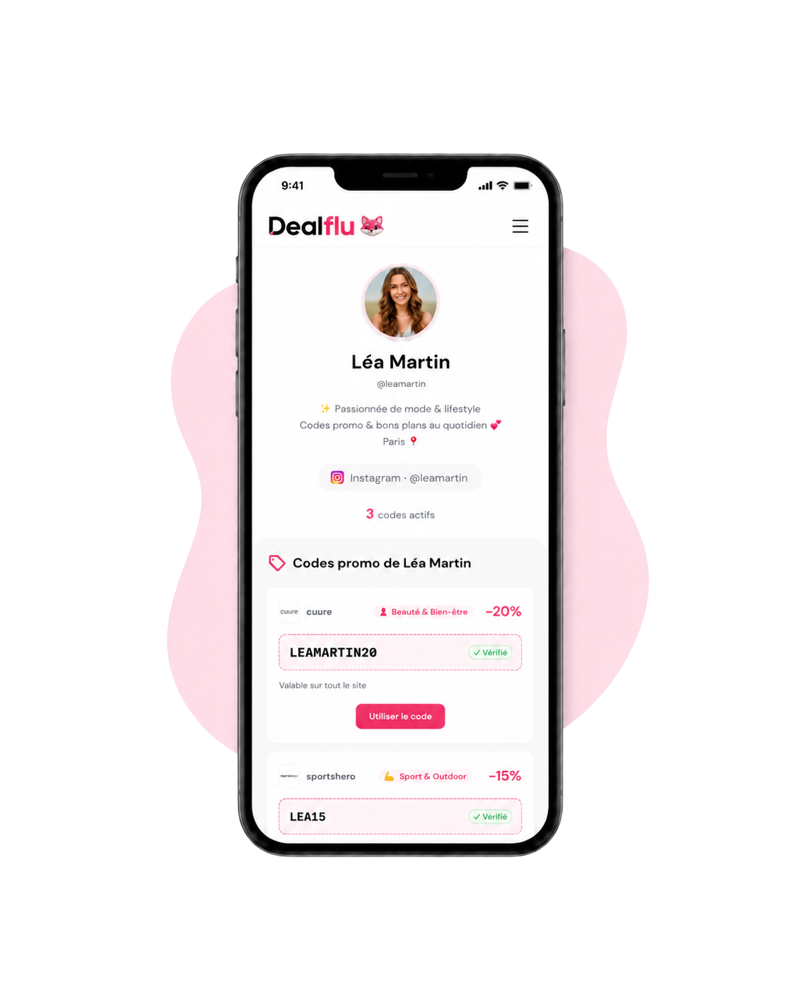 Exemple de page influenceur Dealflu